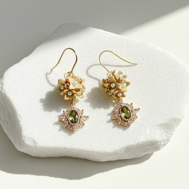 Handpainted Hydrangea Flower Earrings with CZ Stones