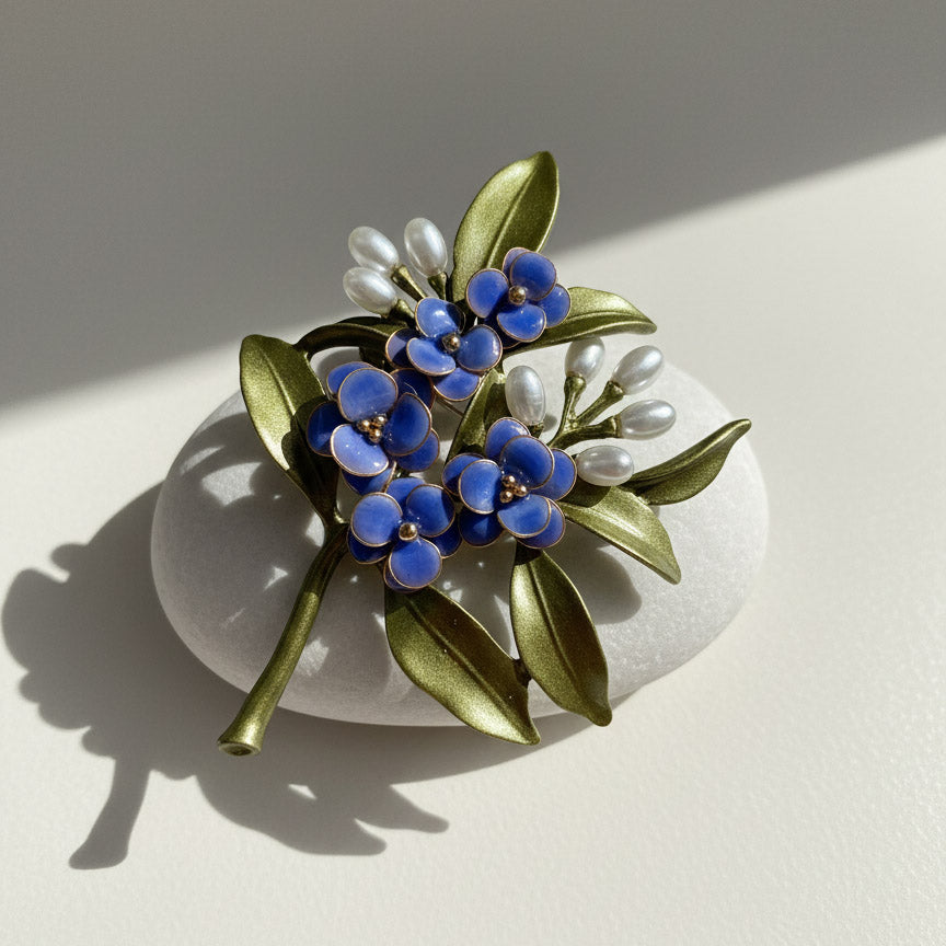 hand painted Blue Forget-Me-Not Flower Brooch on white rock