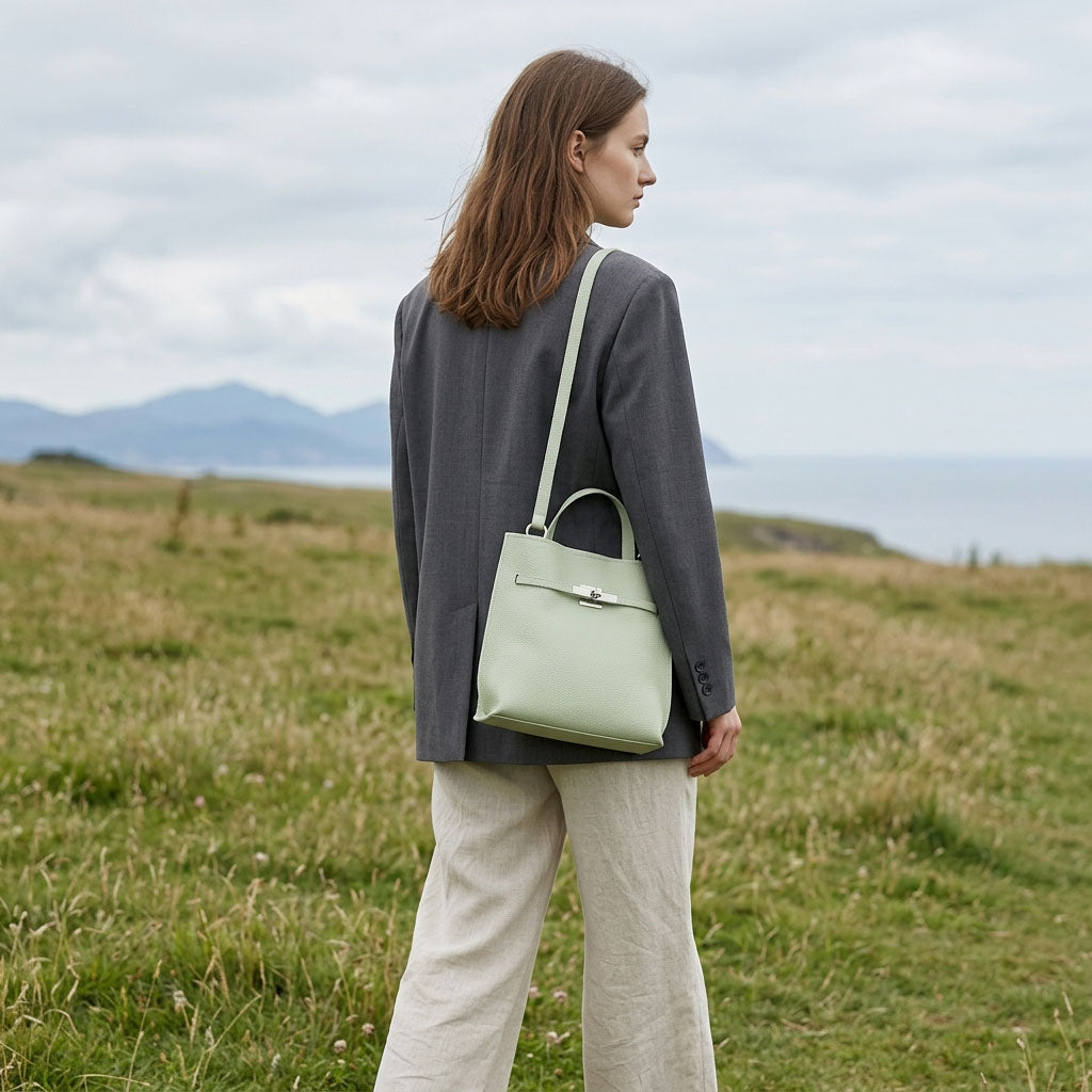 Model wearing the Sage Green Soft Grain Mini Shoulder Bag outdoors, styled with a charcoal blazer and cream pants.