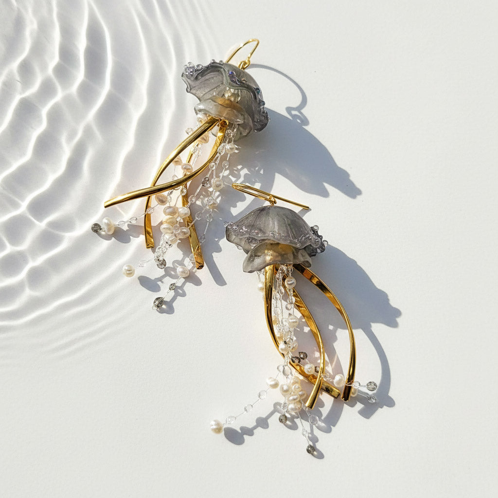 Gold and gray jellyfish-inspired earrings with pearl bead strands and resin details, displayed under ripple light.