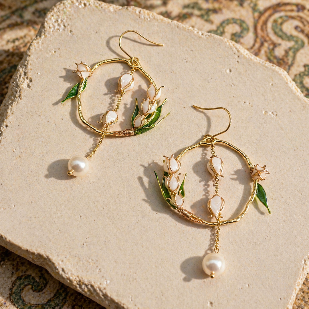 Gold hoop earrings with pearl and lily of the valley details on a stone surface