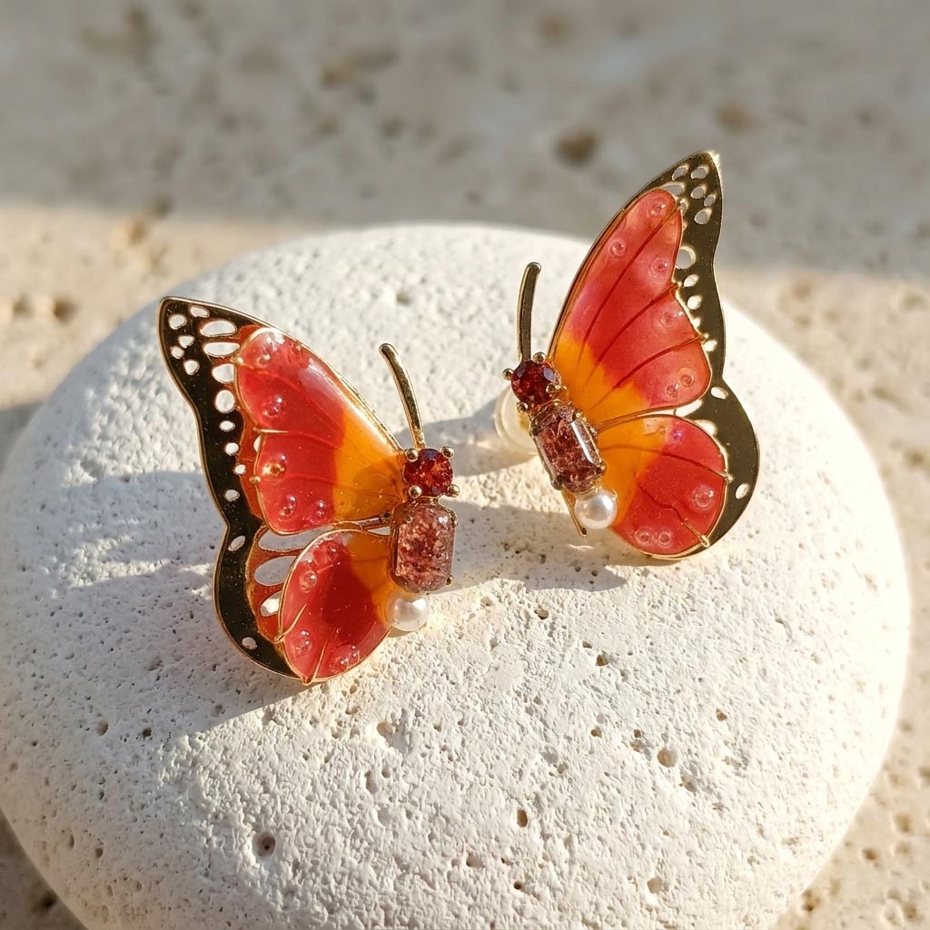 January birthstone butterfly-shaped earrings with red and gold colors on a textured stone surface