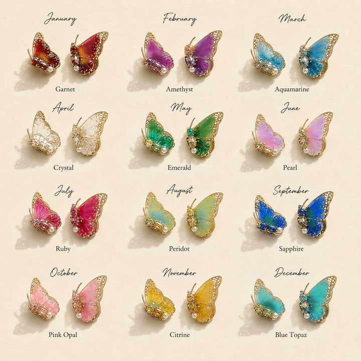 Birthstone butterfly stud earrings chart featuring 12 monthly gemstone-inspired butterfly colors
