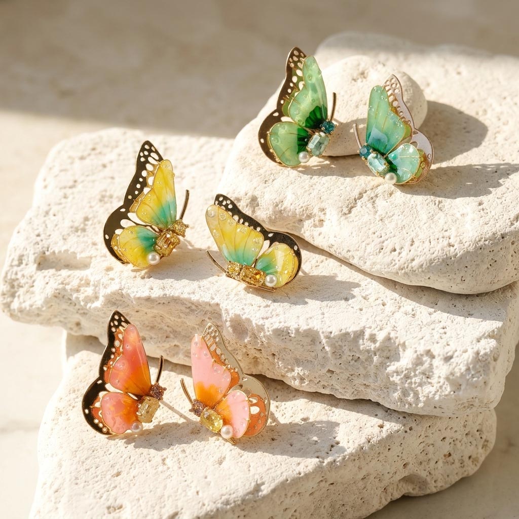 Butterfly-shaped earrings on a textured stone surface