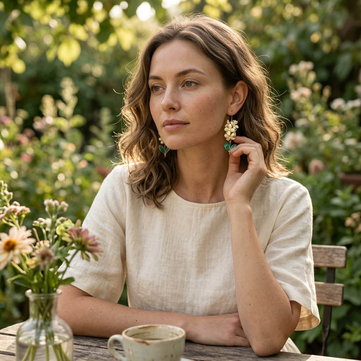 Woman sitting outdoors with flowers and a cup wearing hyacinth flower earrings, surrounded by greenery