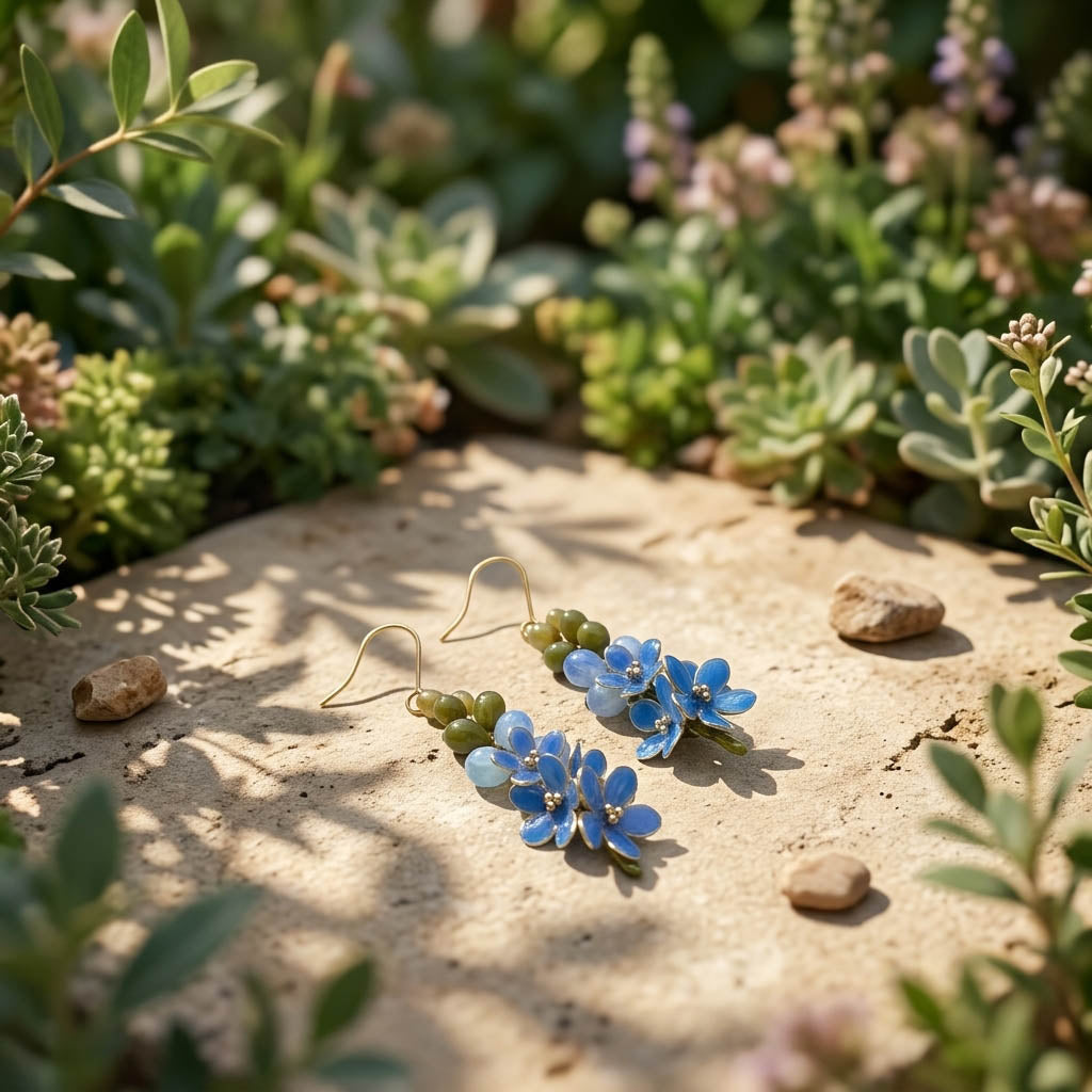 Blue forget-me-not flower earrings on a stone surface with greenery in the background