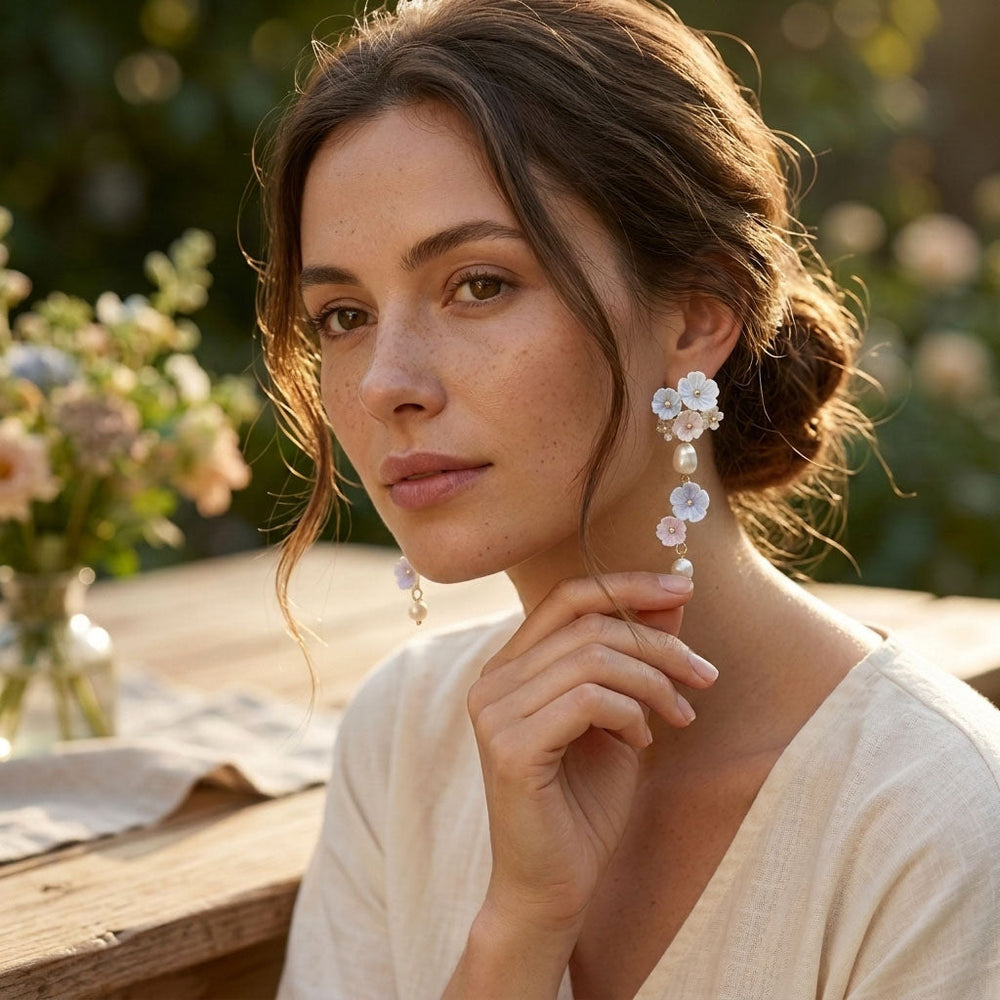 Woman wearing floral earrings with a blurred natural background