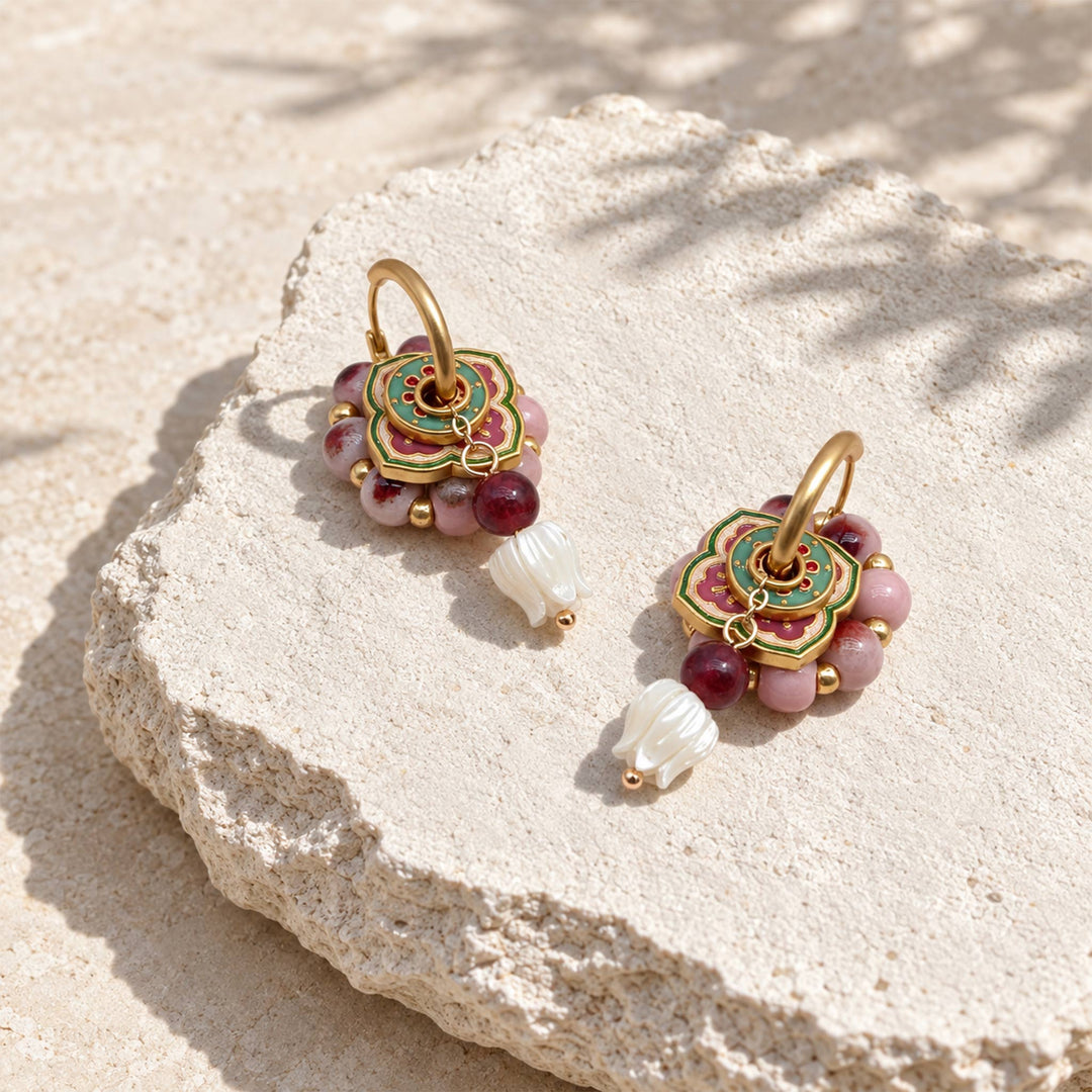 Pink hand-painted porcelain bead convertible hoop earrings with 18K gold-plated hoops.