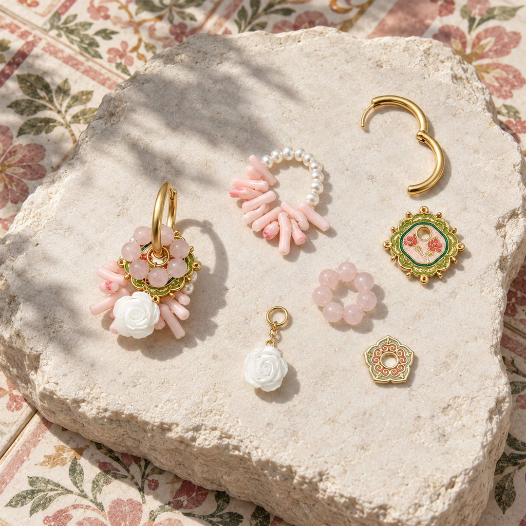 Pink quartz and coral convertible hoop earrings with hand-carved mother-of-pearl roses on botanical patterned tiles.