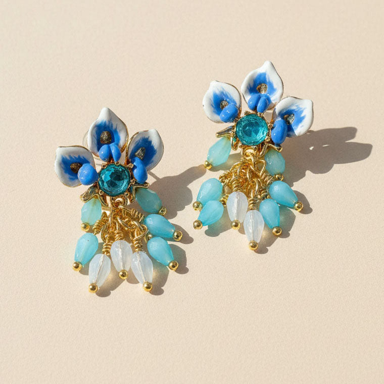 Blue Calla Lily Enamel Drop Earrings – Floral Statement Jewelry with Beaded Dangles
