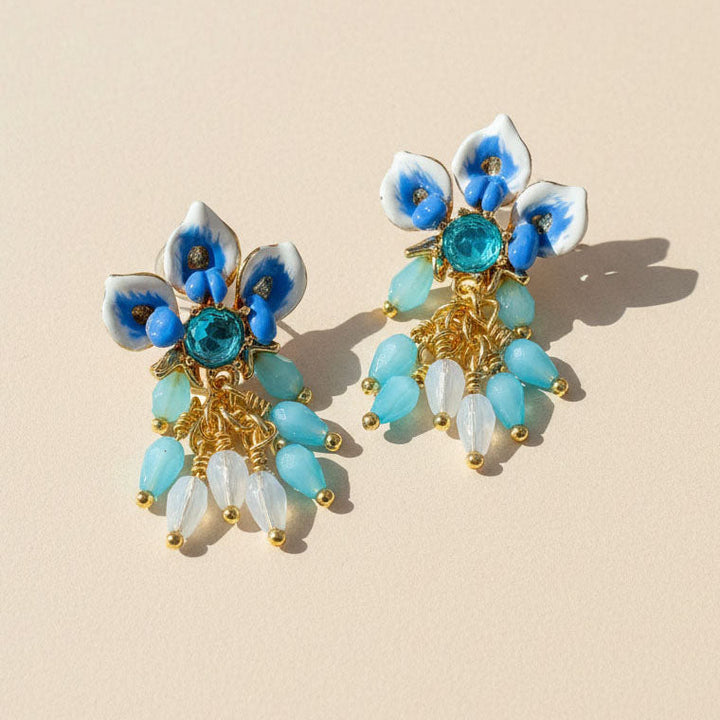 Blue Calla Lily Enamel Drop Earrings – Floral Statement Jewelry with Beaded Dangles
