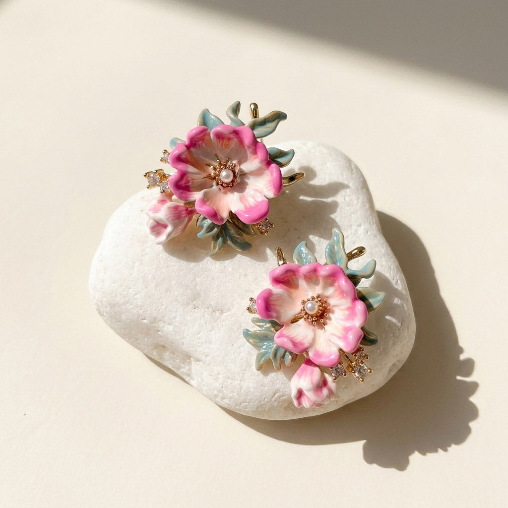 Peony earrings on a white stone with a soft background