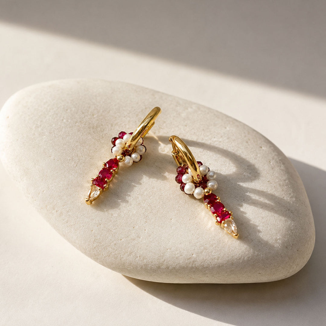 January Garnet convertible huggie earrings with freshwater pearl floral ring, garnet semi-precious stones and CZ glass birthstone charm.