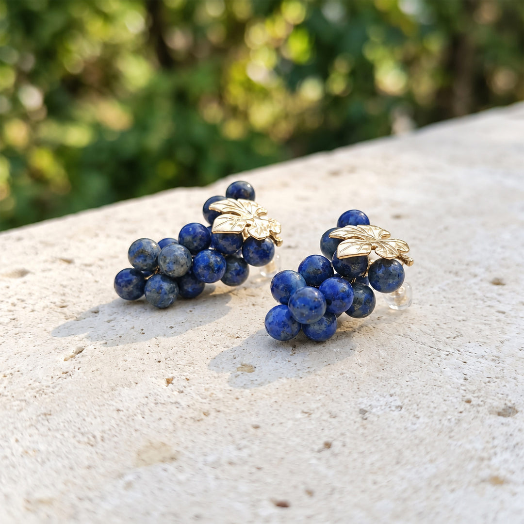 Pair of lapis lazuli grape cluster earrings with 6 mm blue gemstone beads and gold-plated brass leaves