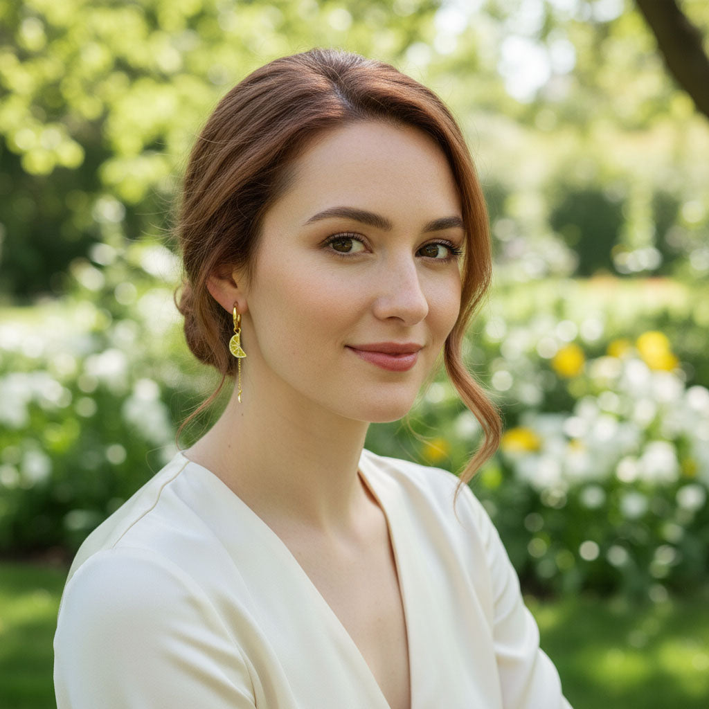 Woman with styled hair and earrings standing in a garden with blurred greenery