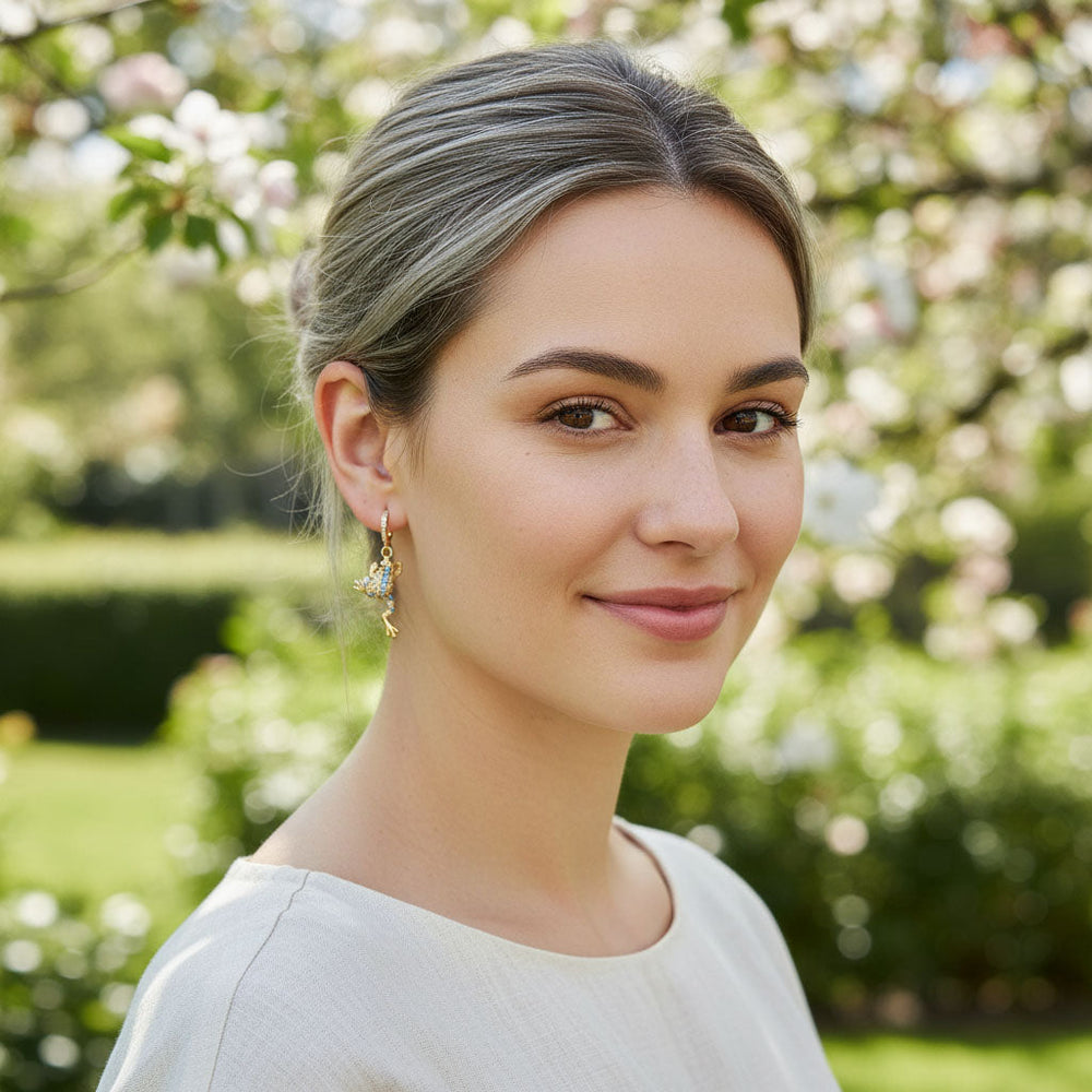 Woman with a neutral expression in a garden setting