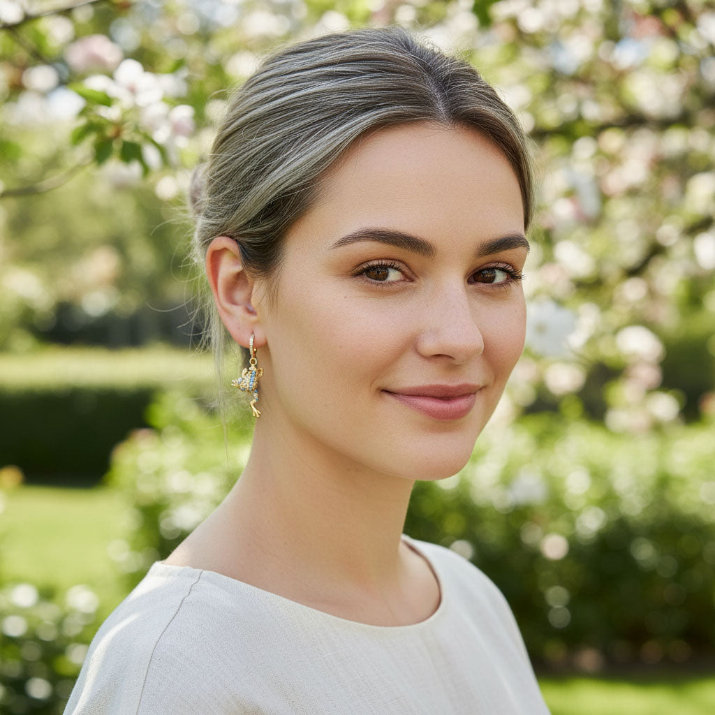 Woman with a neutral expression in a garden setting