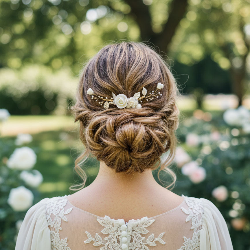 Bride wearing porcelain floral hair comb in updo, back view garden setting.