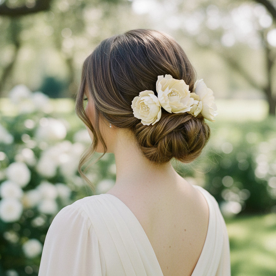 Handcrafted and hand-painted magnolia bridal hairpins with pearl centers on white background.