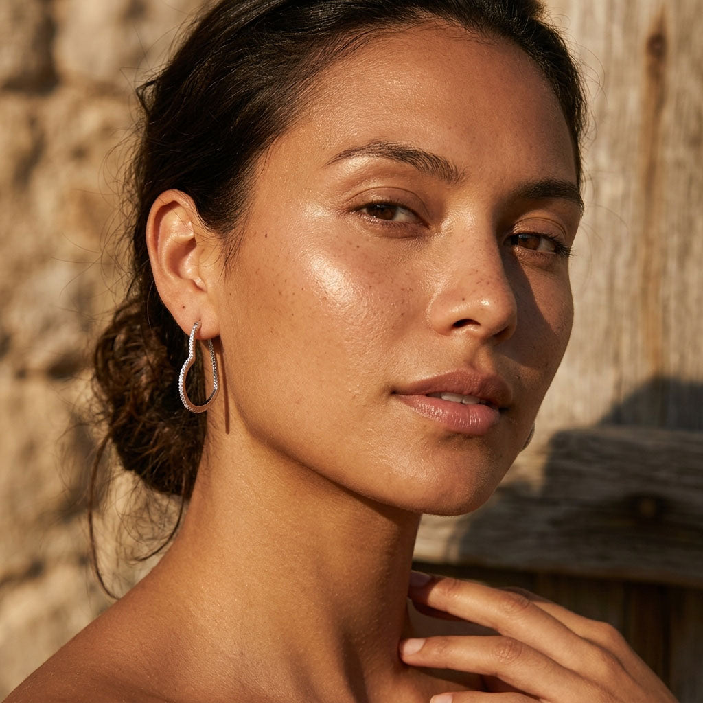 Woman with hoop earrings against a stone wall background
