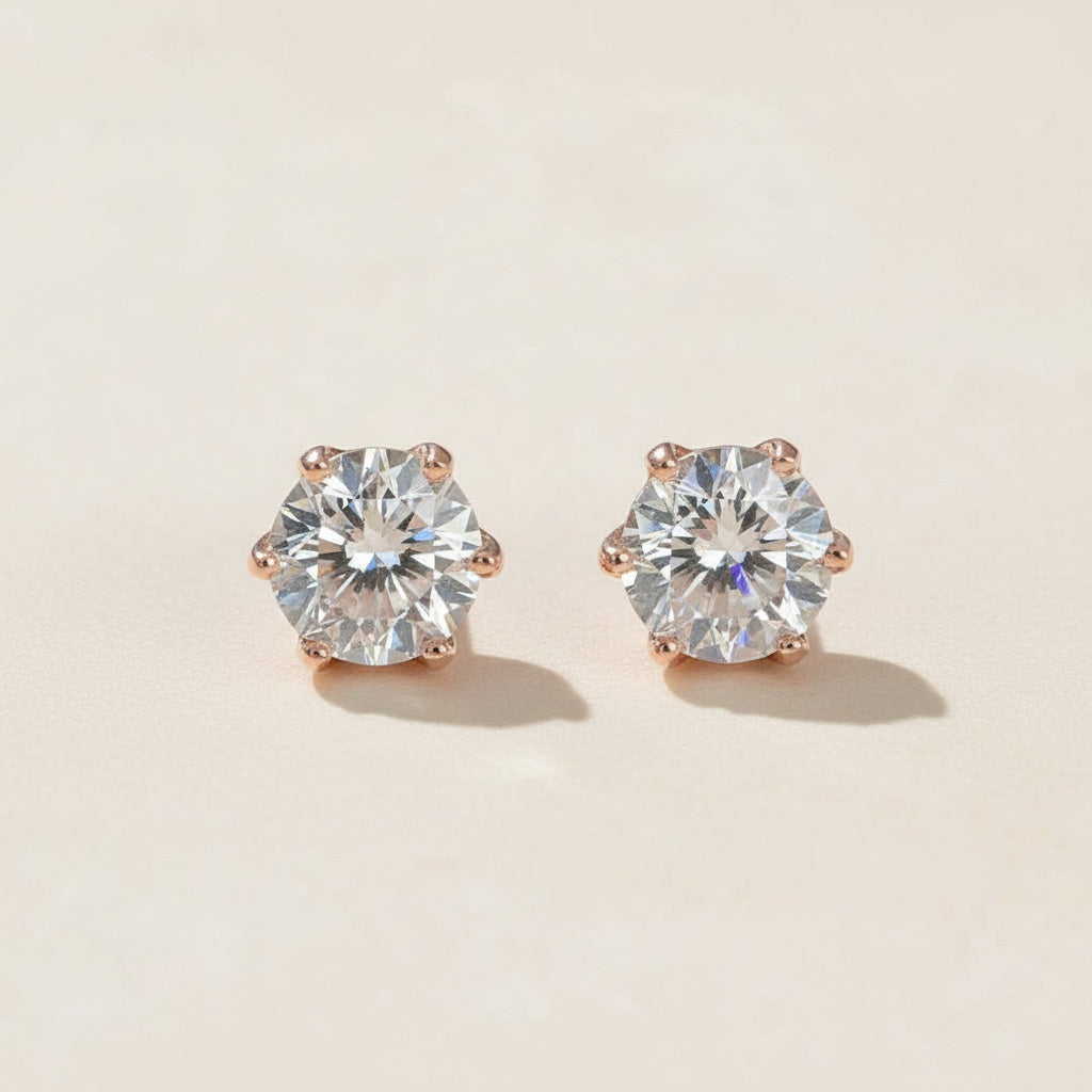 Rose gold-plated S925 stud earrings with 2ct total lab-grown Portuguese-cut diamonds, elegant classic style by A2K London.