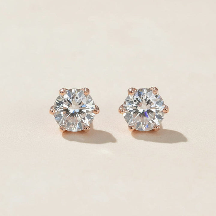 Rose gold-plated S925 stud earrings with 2ct total lab-grown Portuguese-cut diamonds, elegant classic style by A2K London.