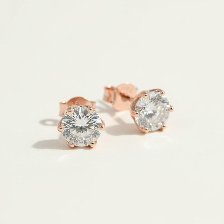 Rose gold-plated S925 sterling silver stud earrings with 2ct lab-grown Portuguese-cut diamonds by A2K London.