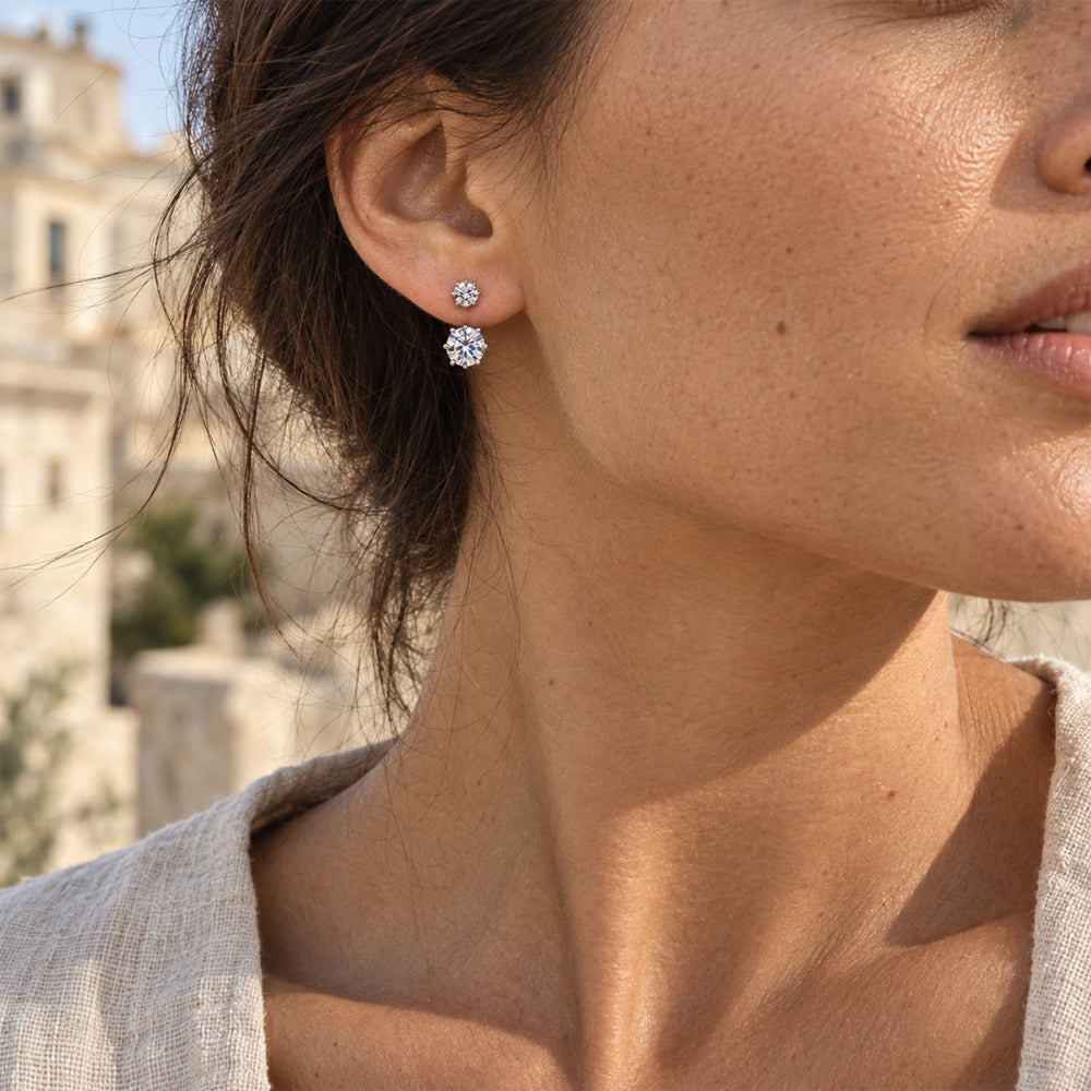 Two-stone moissanite ear jacket earrings worn on the earlobe in natural sunlight
