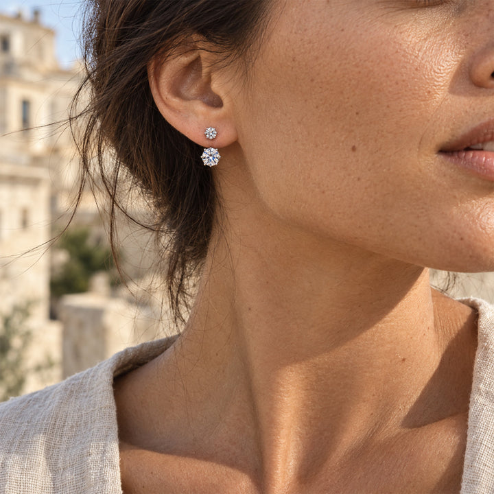 Two-stone moissanite ear jacket earrings worn on the earlobe in natural sunlight
