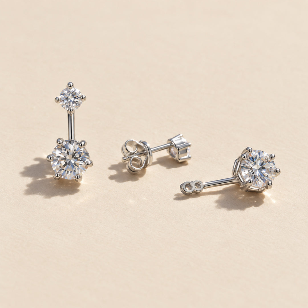 Front and side view of two-stone moissanite ear jacket earrings in 925 sterling silver