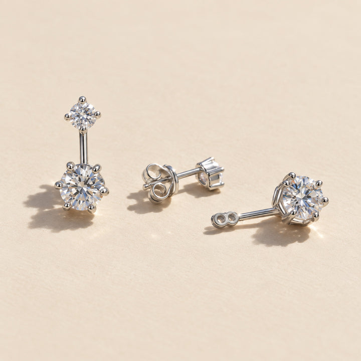 Front and side view of two-stone moissanite ear jacket earrings in 925 sterling silver