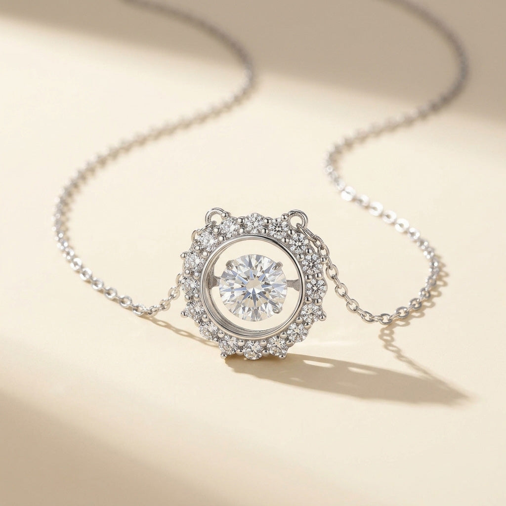 Moissanite diamond necklace on a beige background