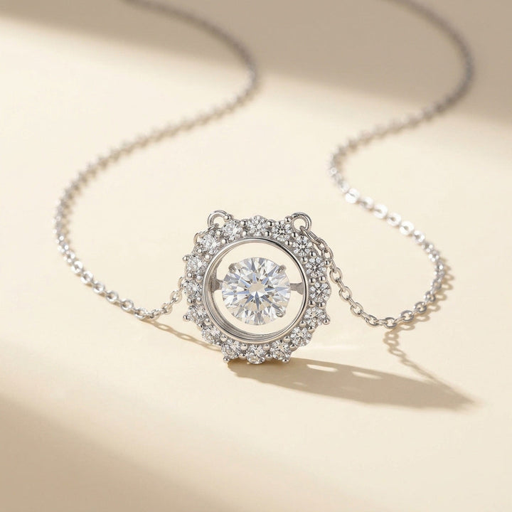 Moissanite diamond necklace on a beige background