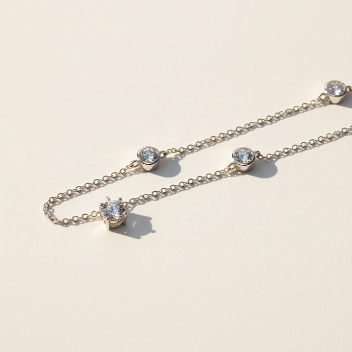 Close-up of moissanite pendant with 6.5mm and 5mm stones on silver chain