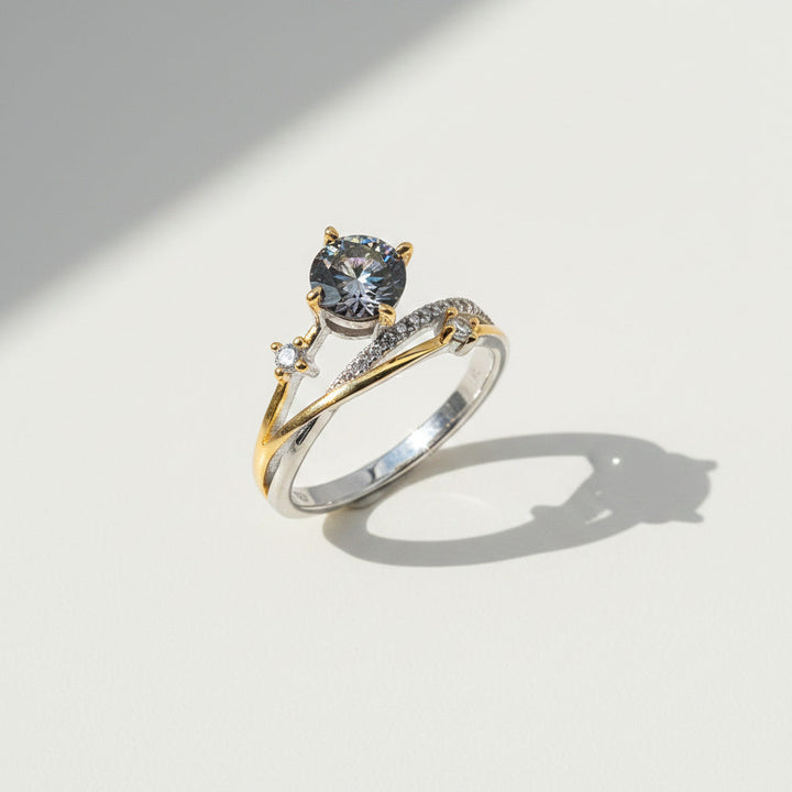 Sterling Silver Green Round Lab Grown Moissanite Diamond and Two White Lab Grown Diamond Ring