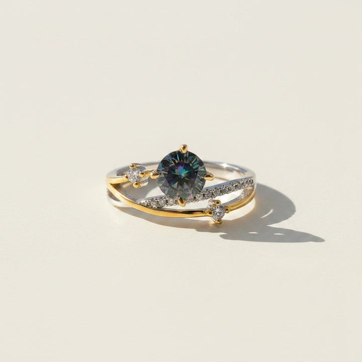 Sterling Silver Green Round Lab Grown Moissanite Diamond and Two White Lab Grown Diamond Ring