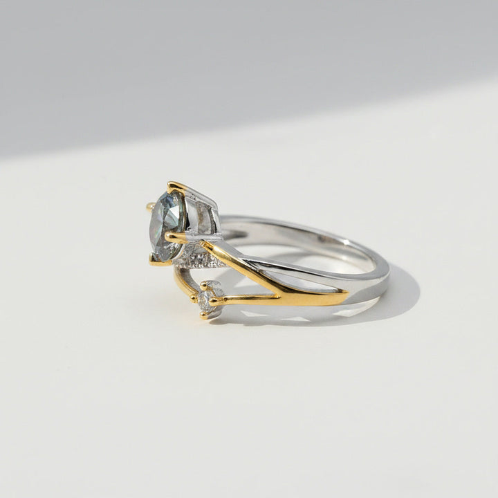 Sterling Silver Green Round Lab Grown Moissanite Diamond and Two White Lab Grown Diamond Ring