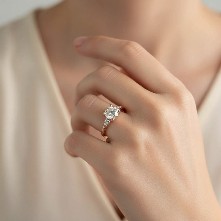 Close-up of rose gold moissanite engagement ring with 2ct round center stone