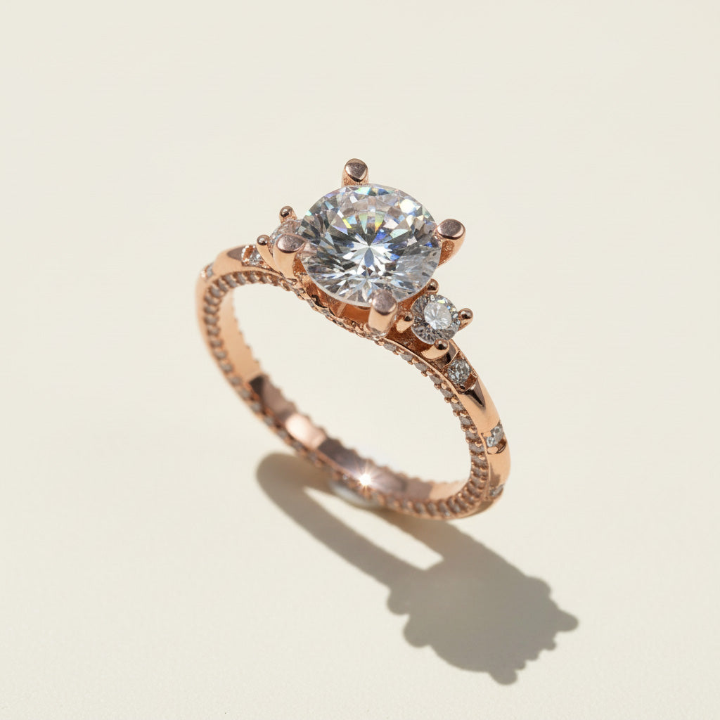 Detail shot of pavé rose gold band with brilliant moissanite center stone