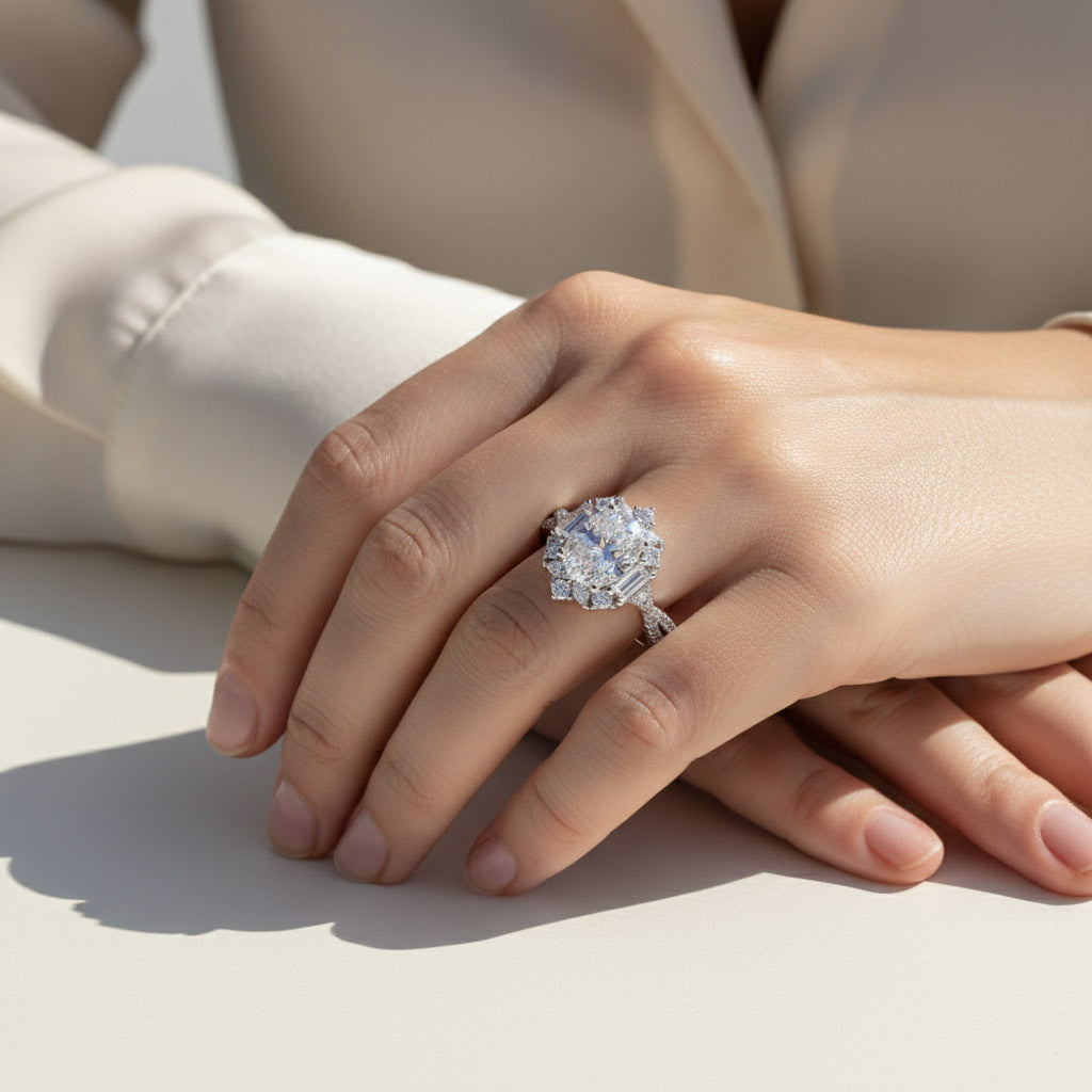 Close-up of a hand wearing a halo moissanite ring on a neutral background