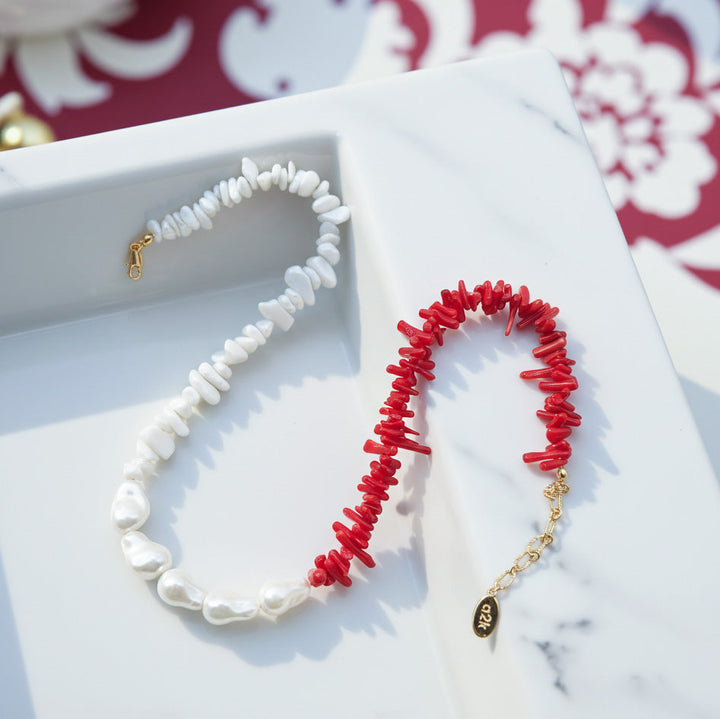Red Coral &amp; Baroque Pearl Beaded Necklace