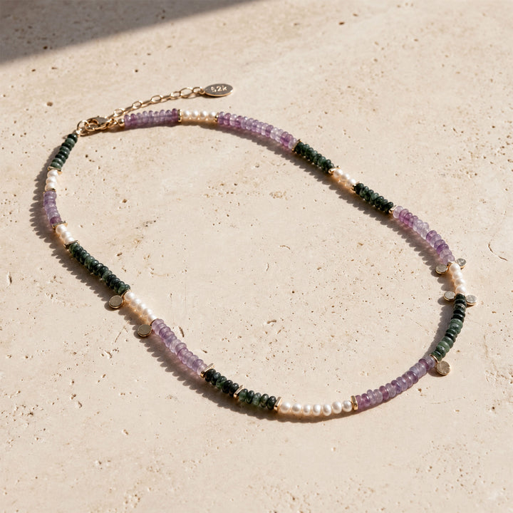 Full mixed gemstone necklace with violet amethyst, green Kambaba Jasper, freshwater pearls and gold extender chain