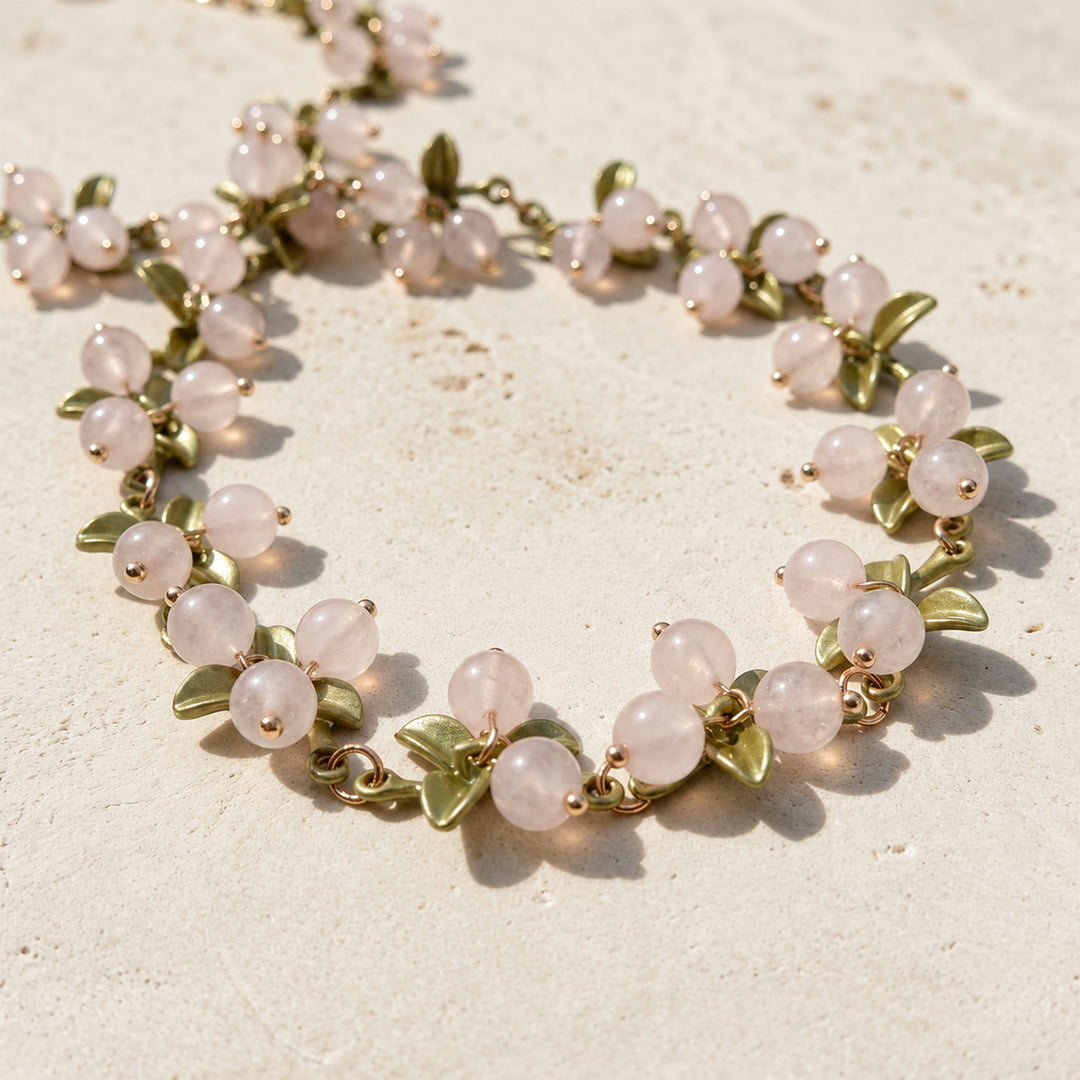 Rose quartz necklace, botanical gemstone necklace, rose quartz jewelry, symbolic gemstone necklace, berry necklace, floral necklace.