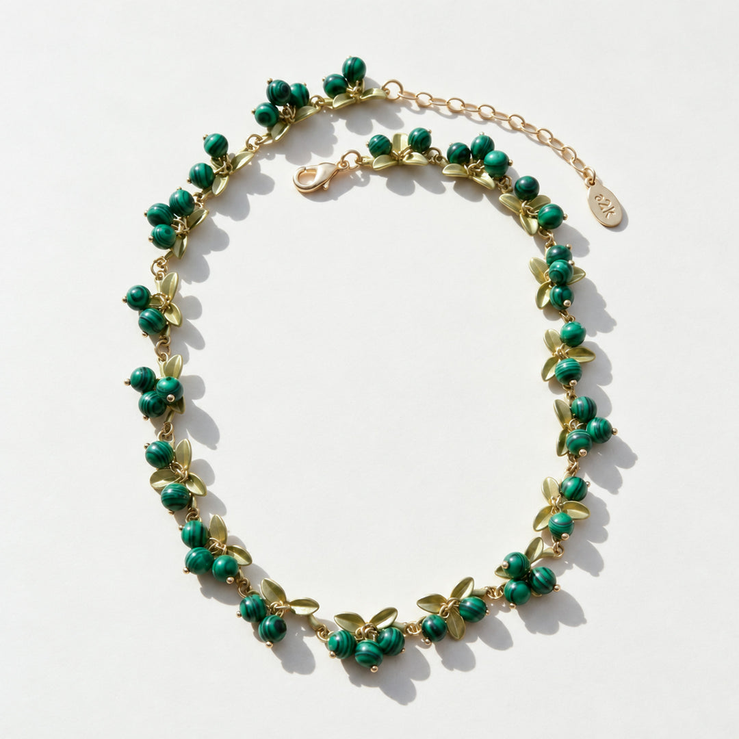 Full Malachite Berry Garden Necklace with adjustable extender chain and gold-plated clasp, displayed on a clean white background.