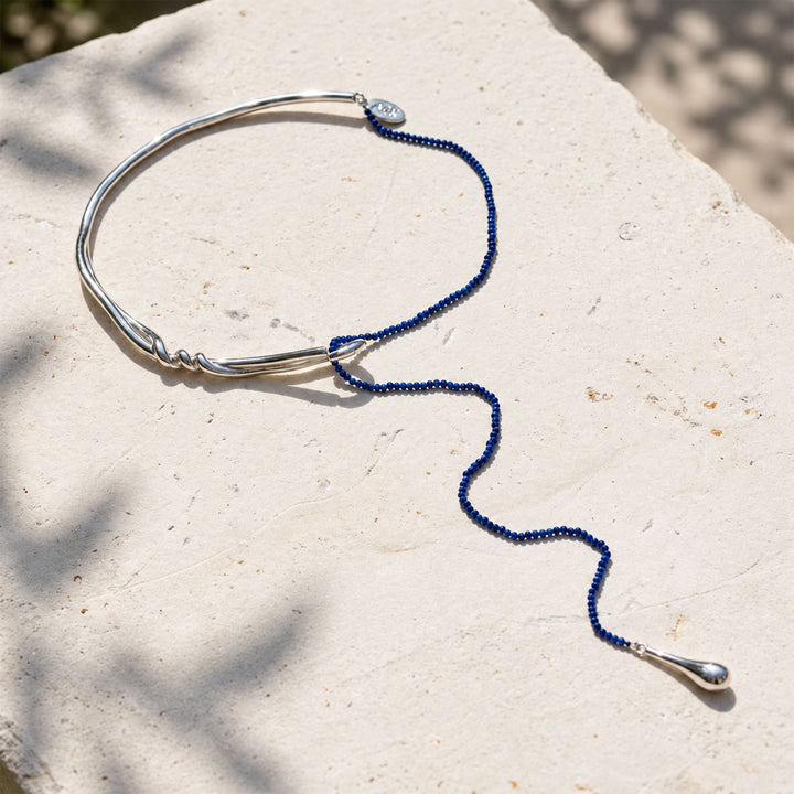 Full Lapis Lazuli Curve Collar Necklace showing asymmetric collar, gemstone strand and teardrop pendant