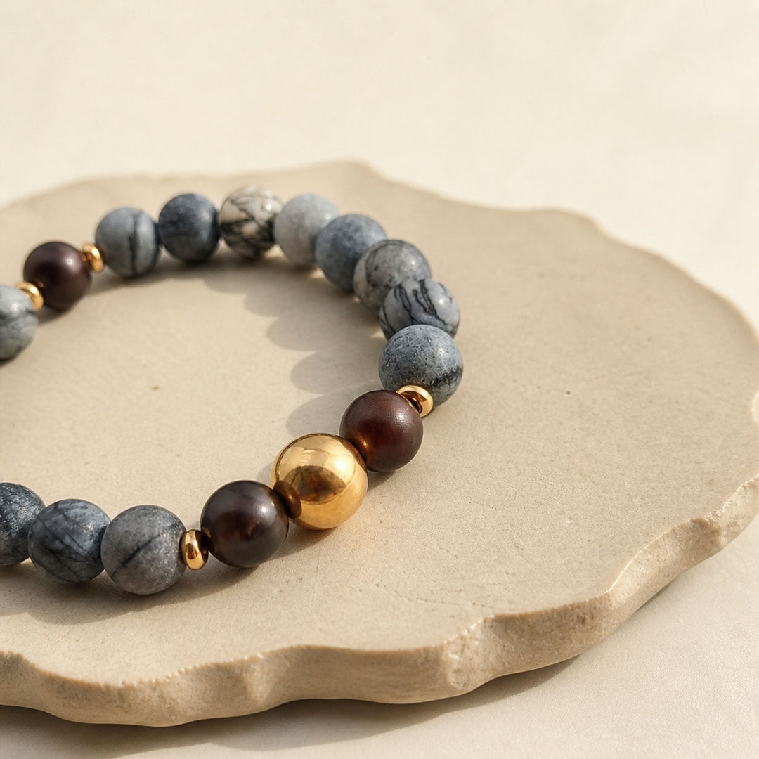 Two-stone zebra jasper and black onyx bracelet with gold stainless steel details