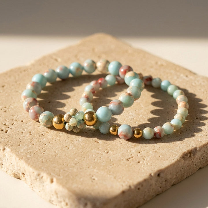Shoushan stone bracelet set styled on natural beige stone surface