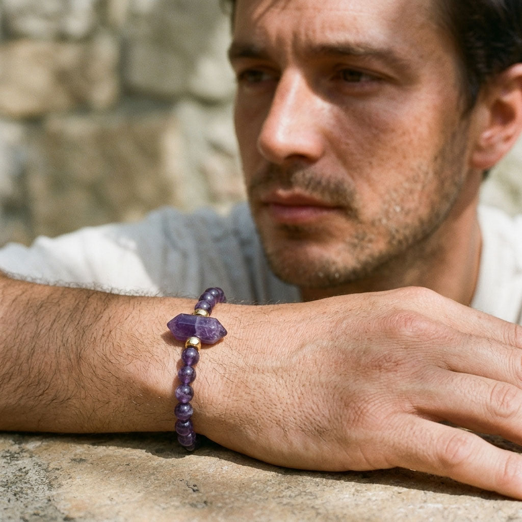 Man wearing amethyst beaded bracelet with gold stainless steel accents