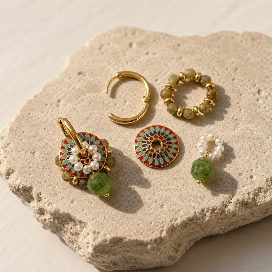 Convertible hoop earrings with enamel disc pearl charm and green gemstone drop