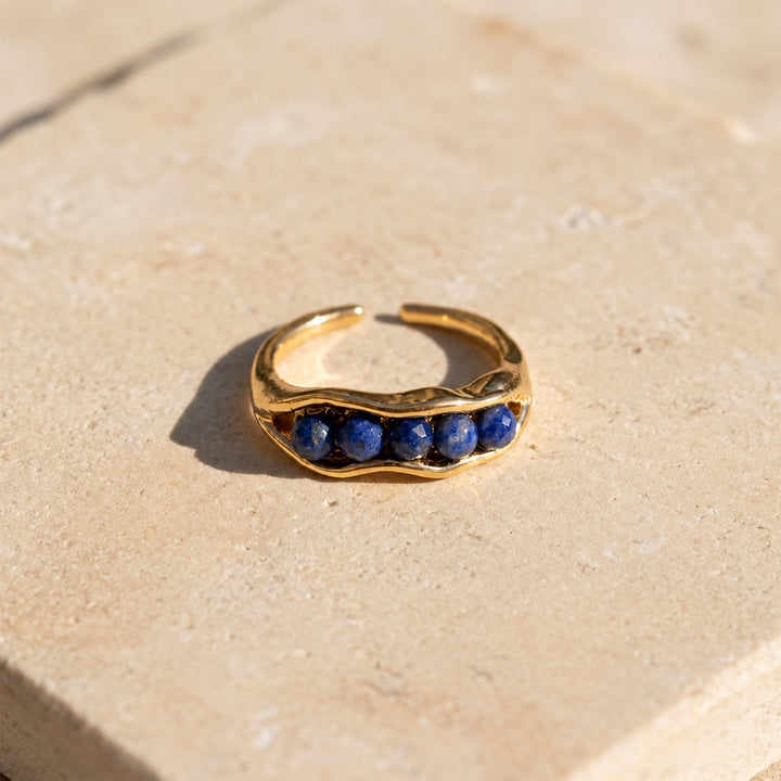 Adjustable Lapis Lazuli Open Band Ring with faceted gemstone row and polished plated brass setting